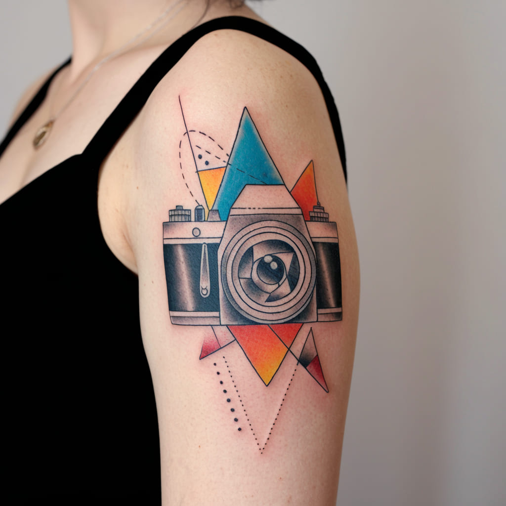 Camera Tattoo with Geometric Shapes