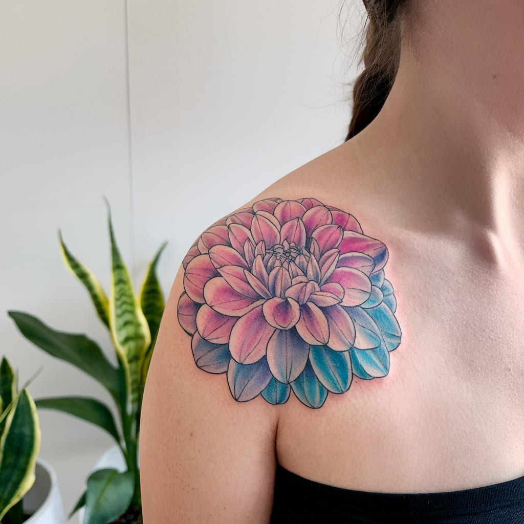 Colorful Dahlia on the Shoulder