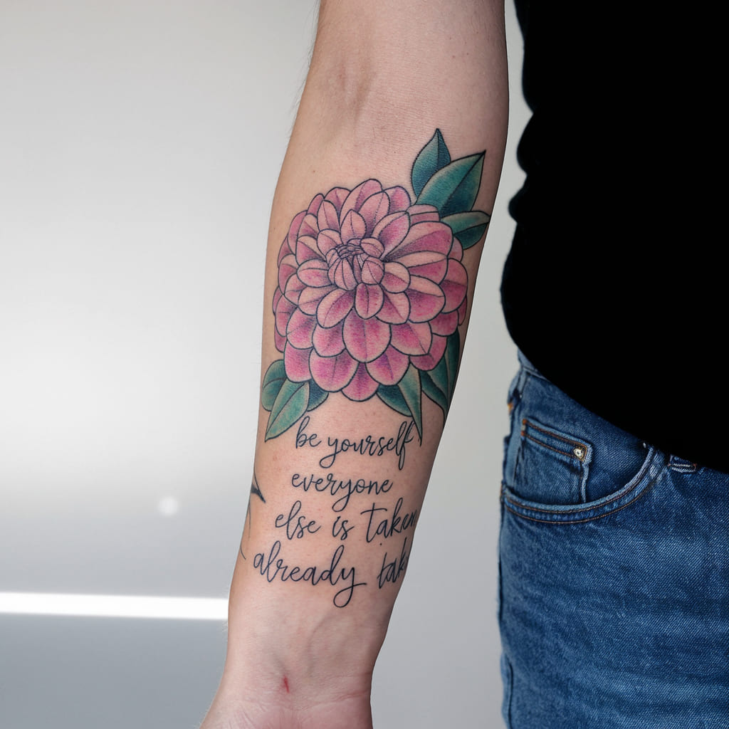 Dahlia with Script on the Forearm