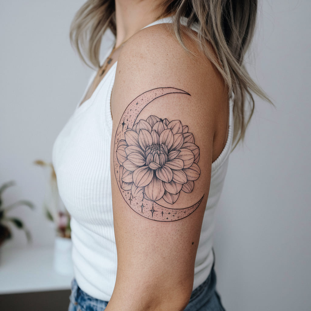 Dahlia with a Crescent Moon on the Forearm