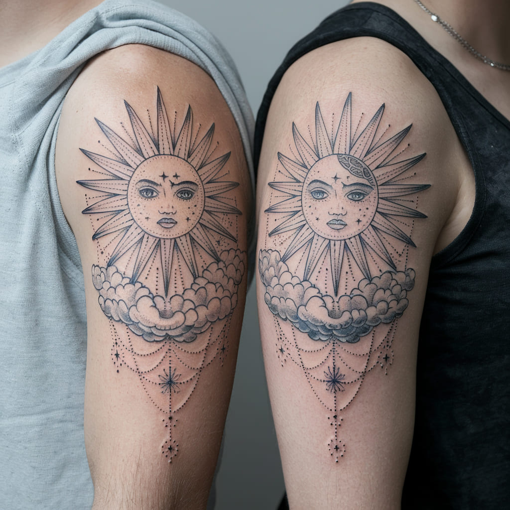 Detailed Sun and Moon with Clouds