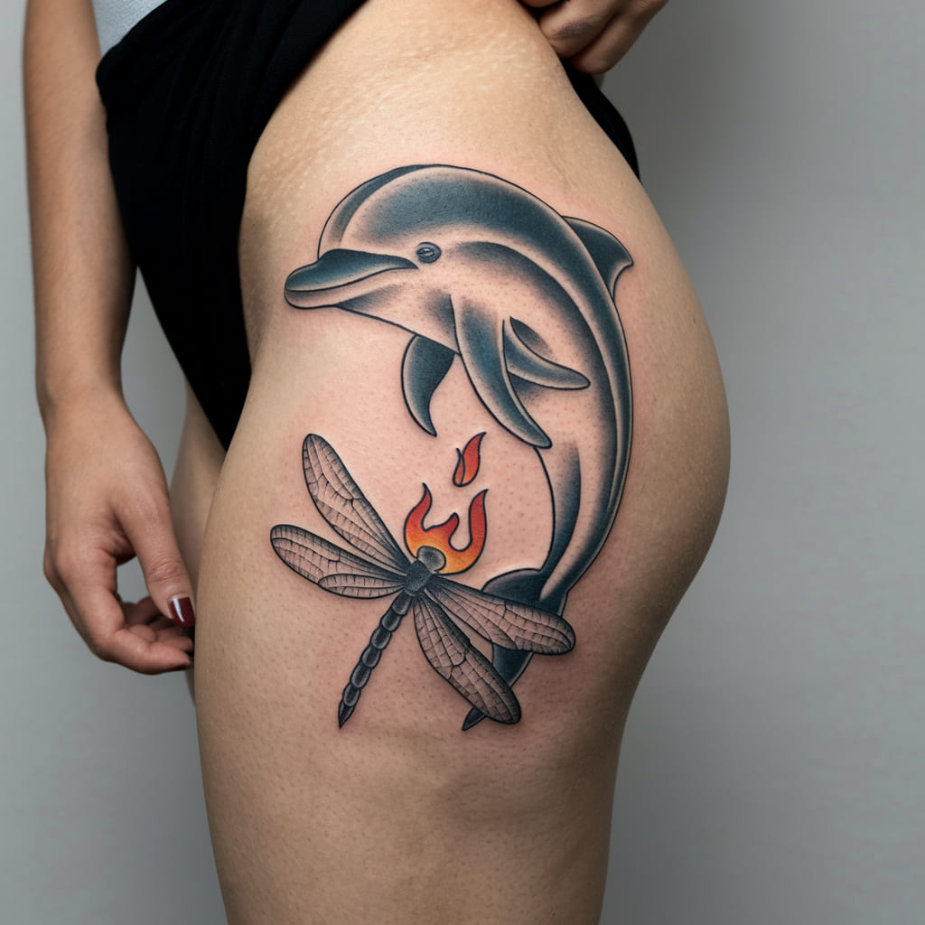 Dolphin and Firefly Combo on the Thigh