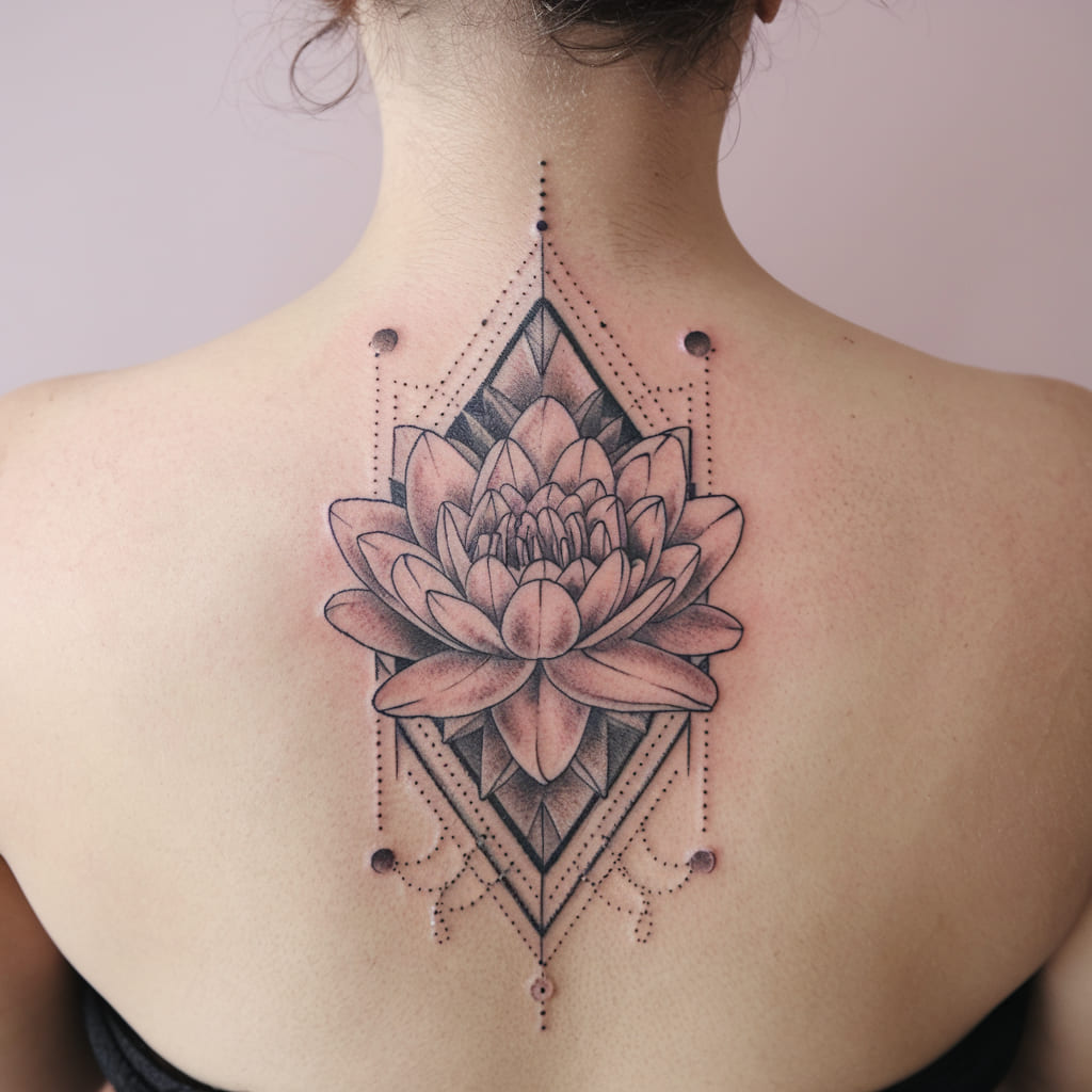 Floral Water Lily with Art Deco Elements on the Upper Back