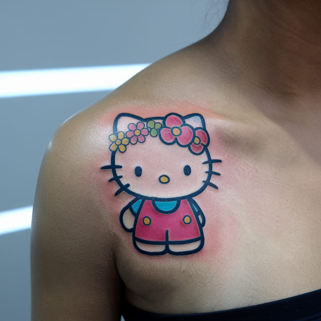 Hello Kitty in a Flower Crown on the Shoulder