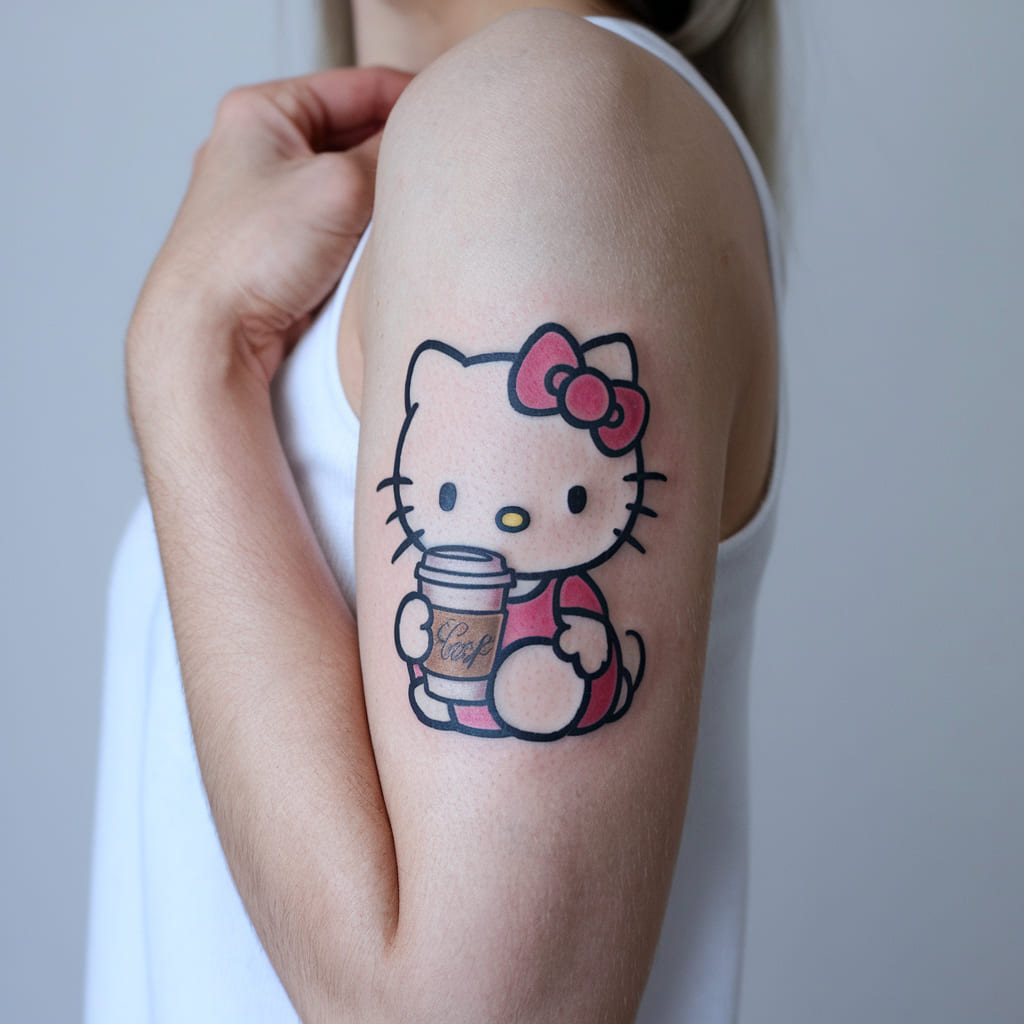 Hello Kitty with a Coffee Cup on the Forearm