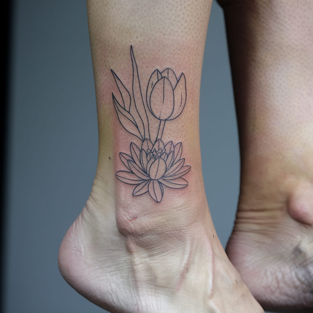 Minimalist Water Lily and Tulip on the Ankle