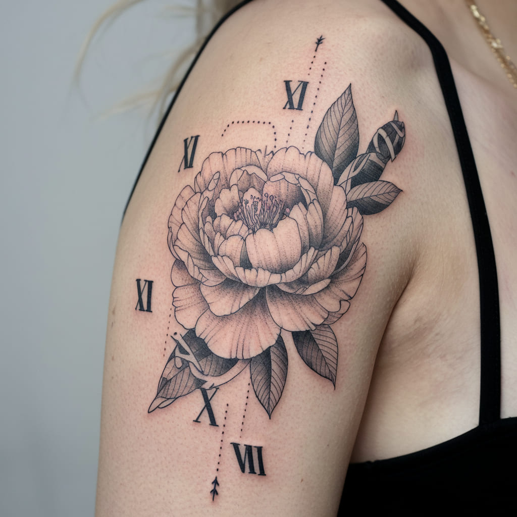 Peony with Roman Numerals