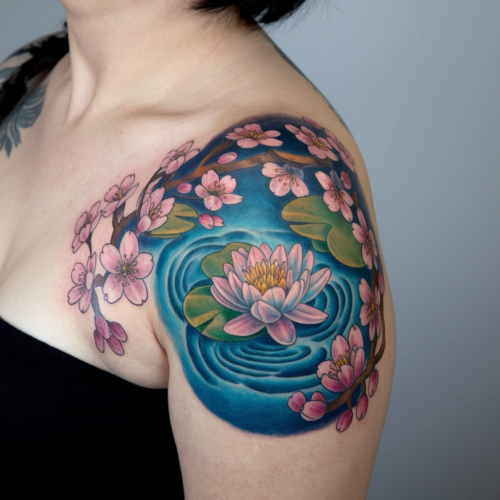 Water Lily with Cherry Blossoms on the Shoulder