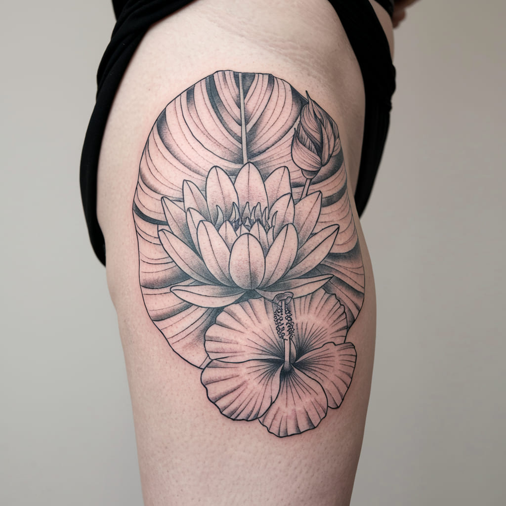 Water Lily with Hibiscus Flowers on the Hip