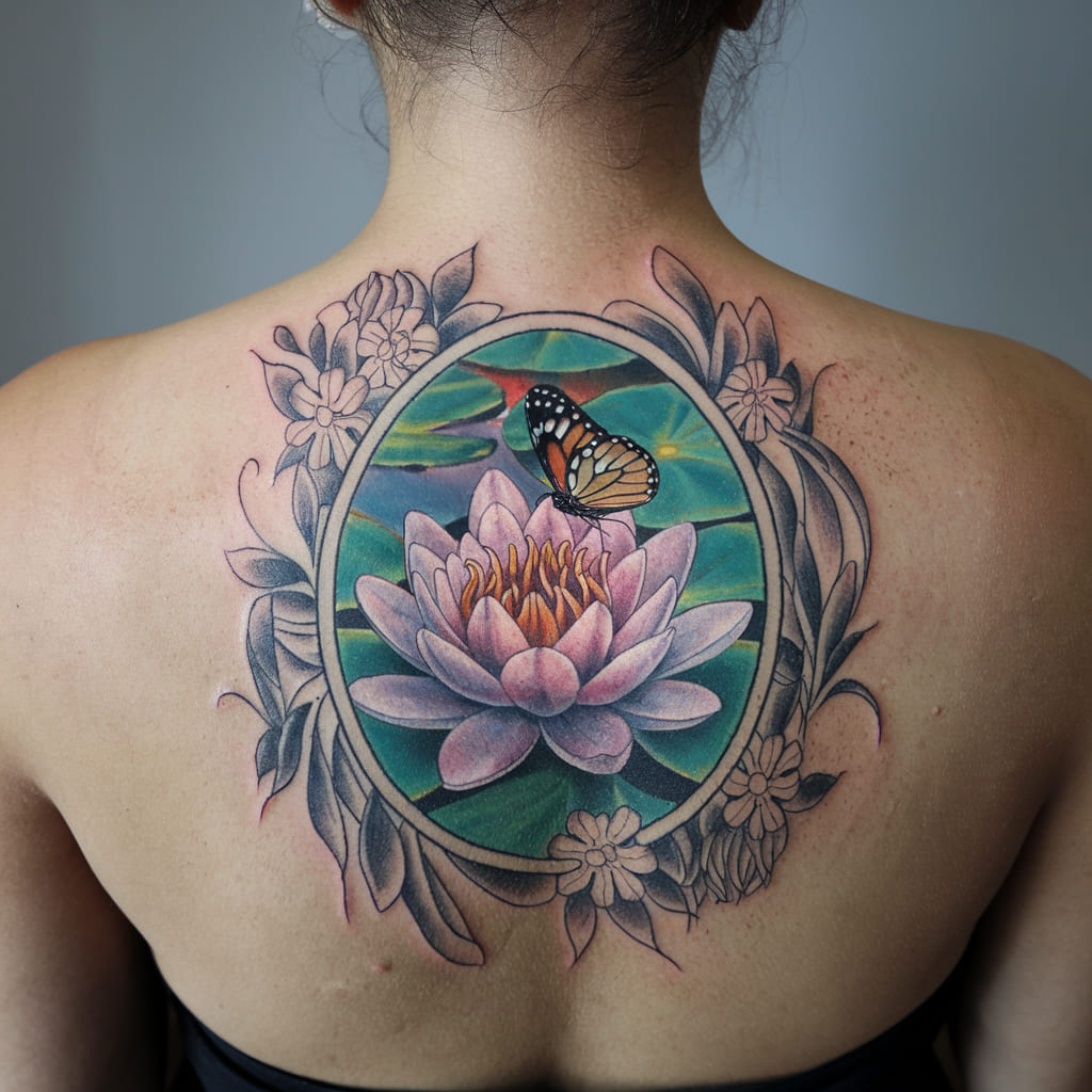 Water Lily with a Butterfly and Floral Frame on the Back