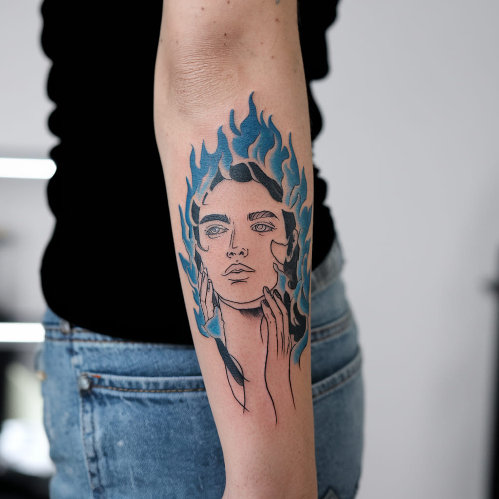 Blue Fire Abstract Face Tattoo