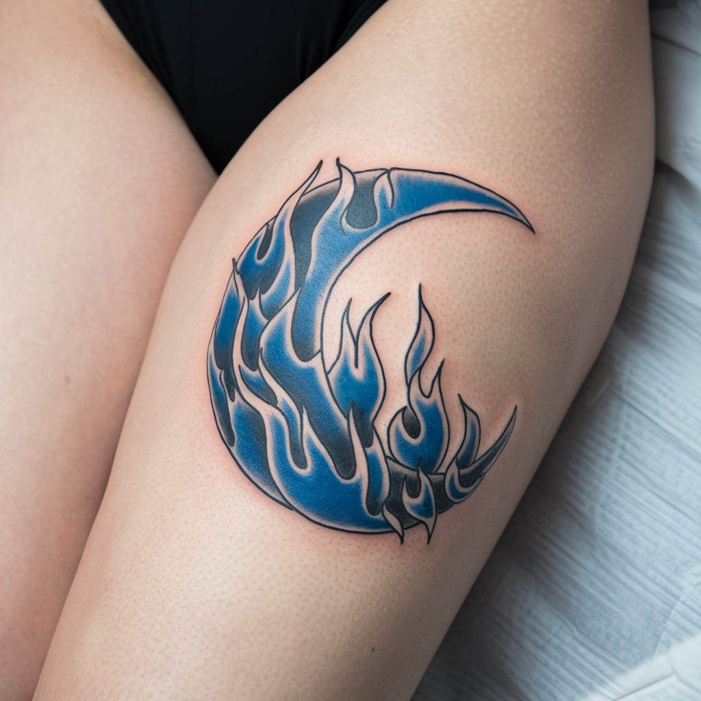 Blue Fire Crescent Moon Tattoo