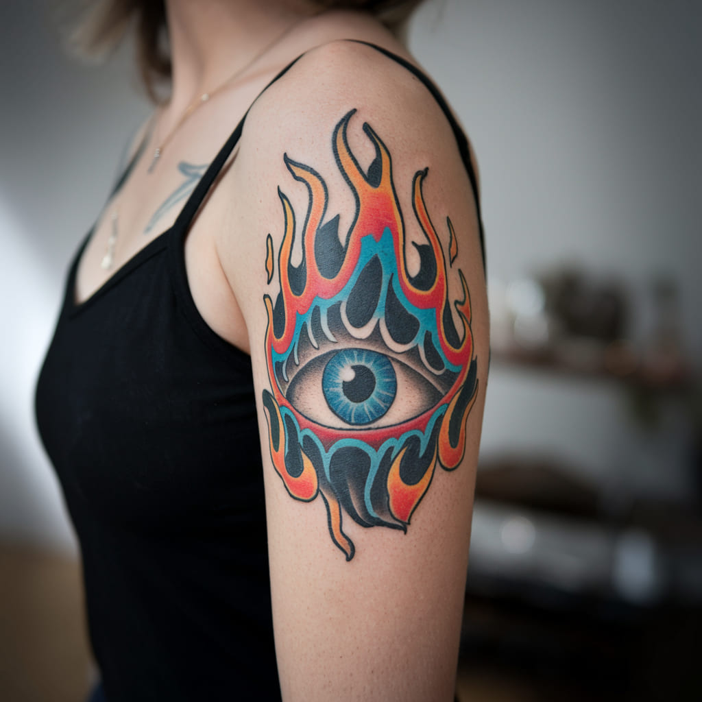 Blue Fire Eye with Flames Tattoo