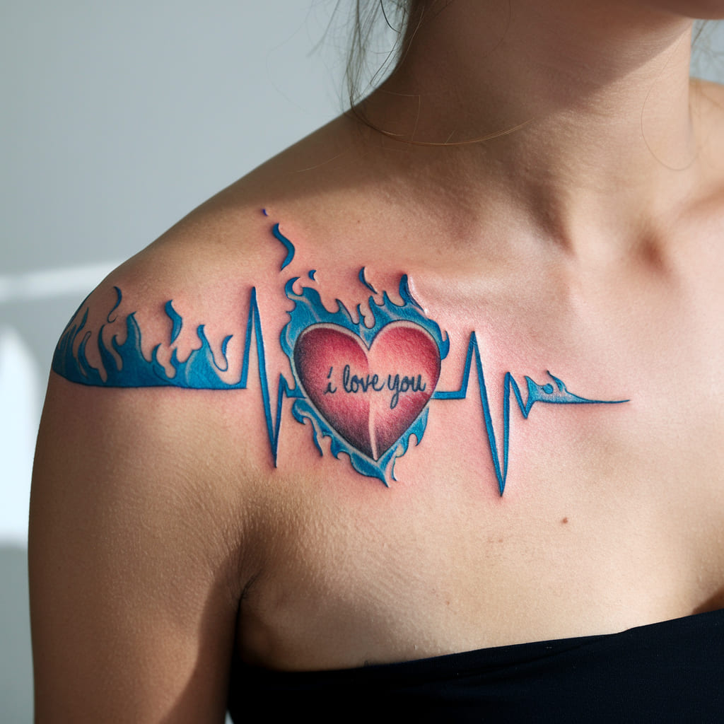 Blue Fire Heartbeat Tattoo