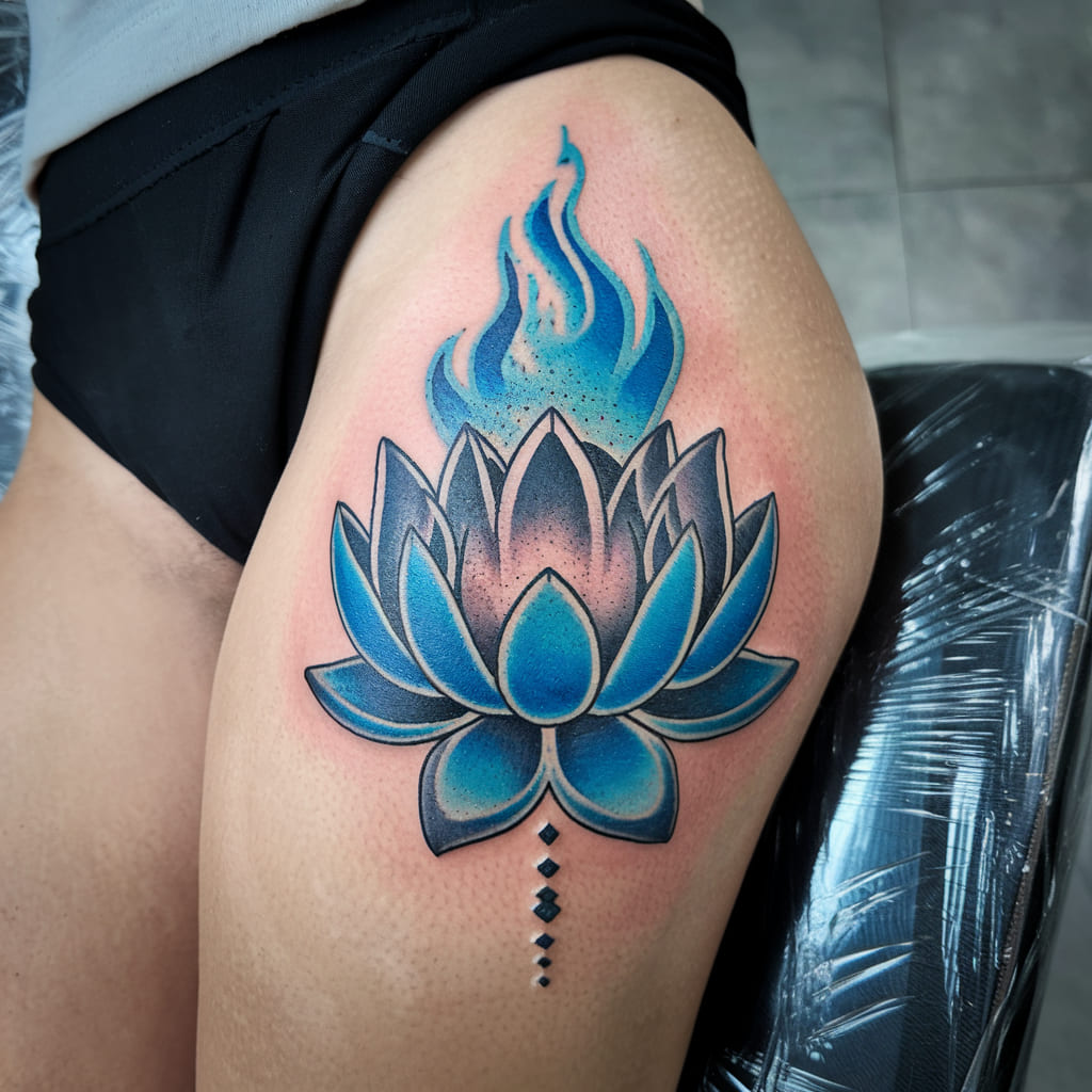 Blue Fire Lotus Flower Tattoo