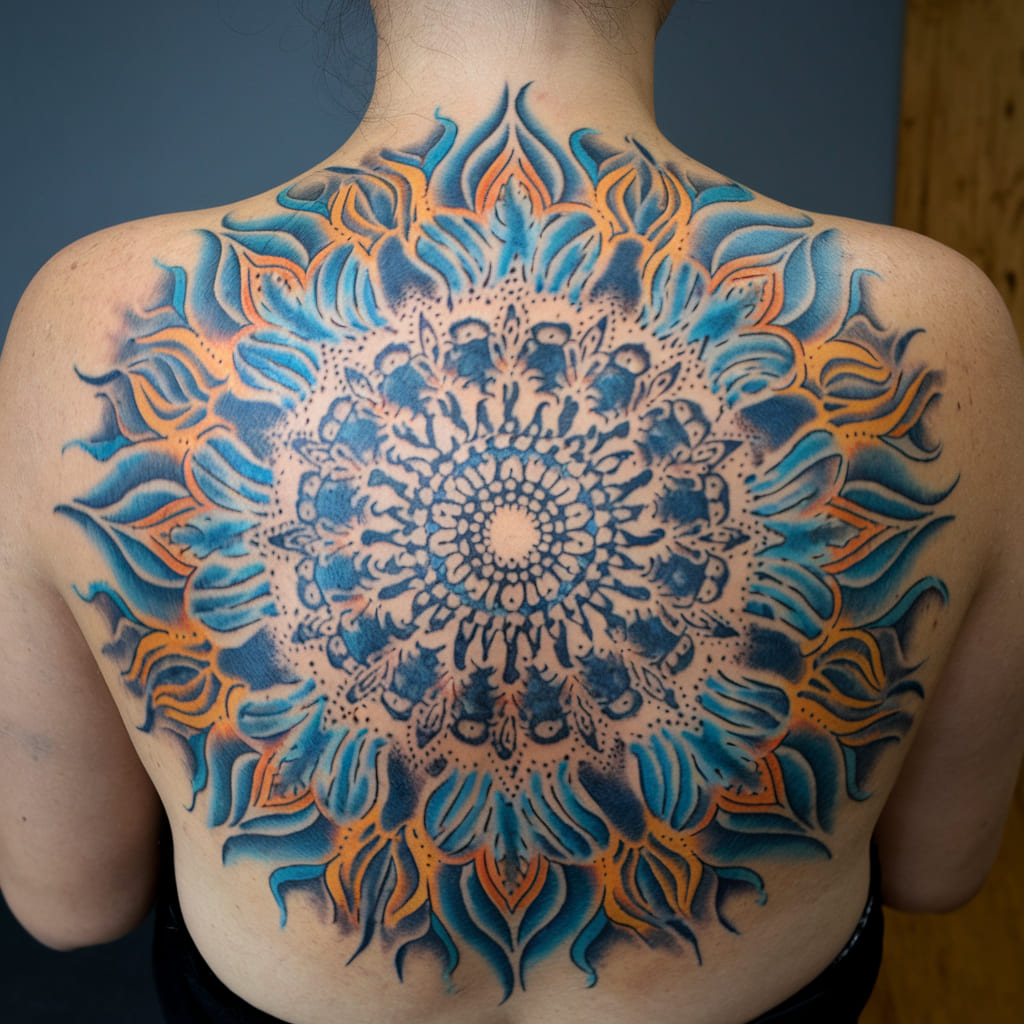 Blue Fire Mandala Tattoo