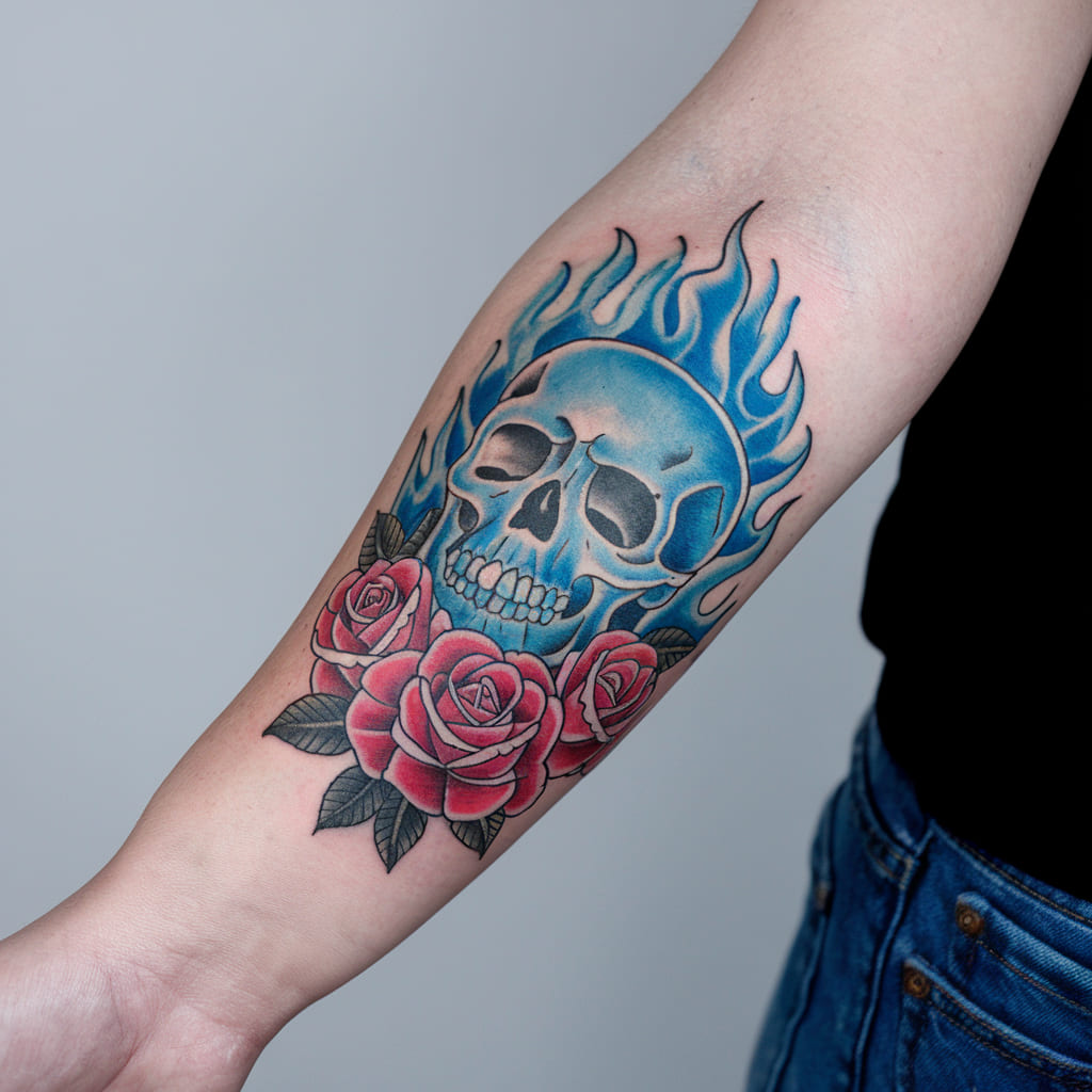 Blue Fire Skull with Roses Tattoo