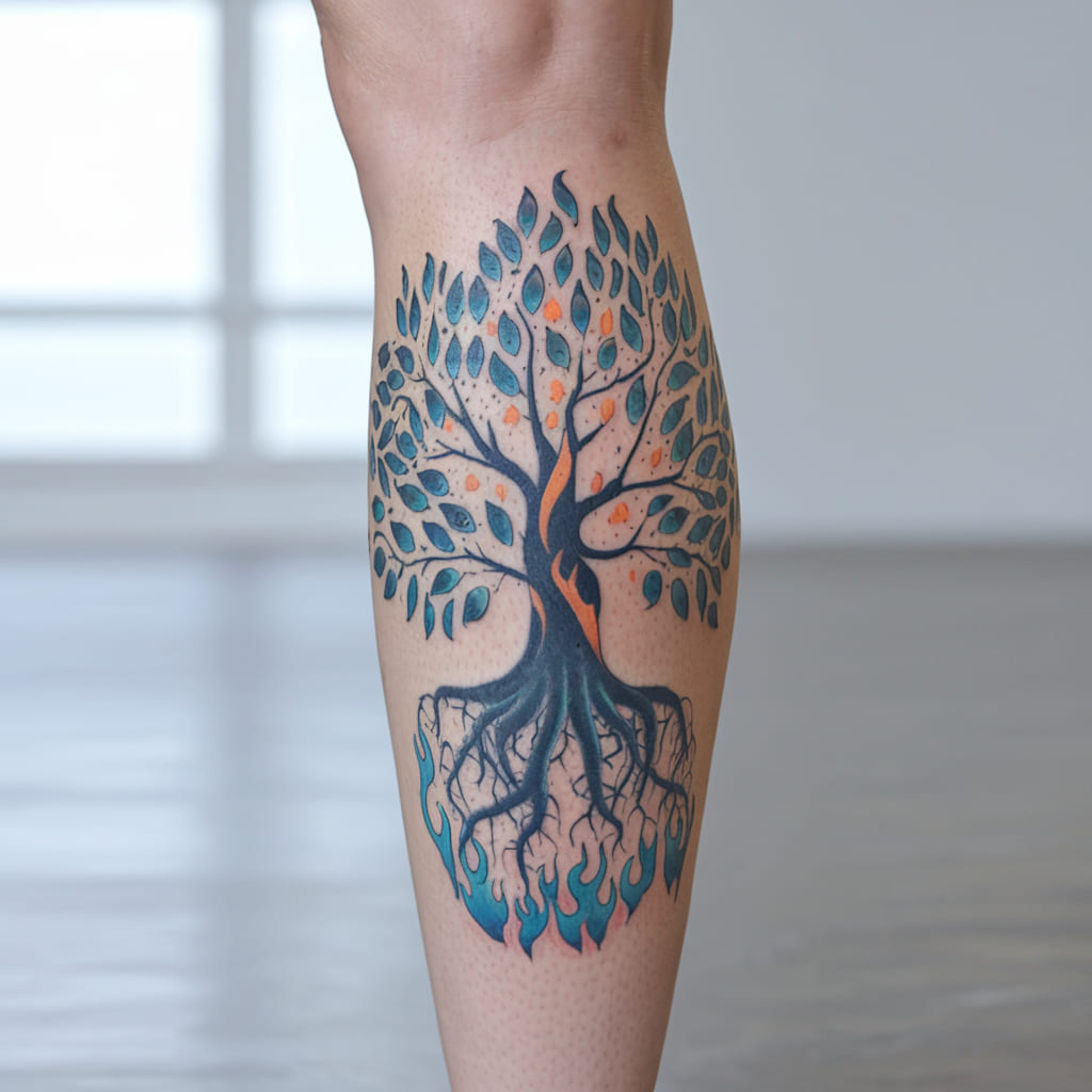 Blue Fire Tree Tattoo