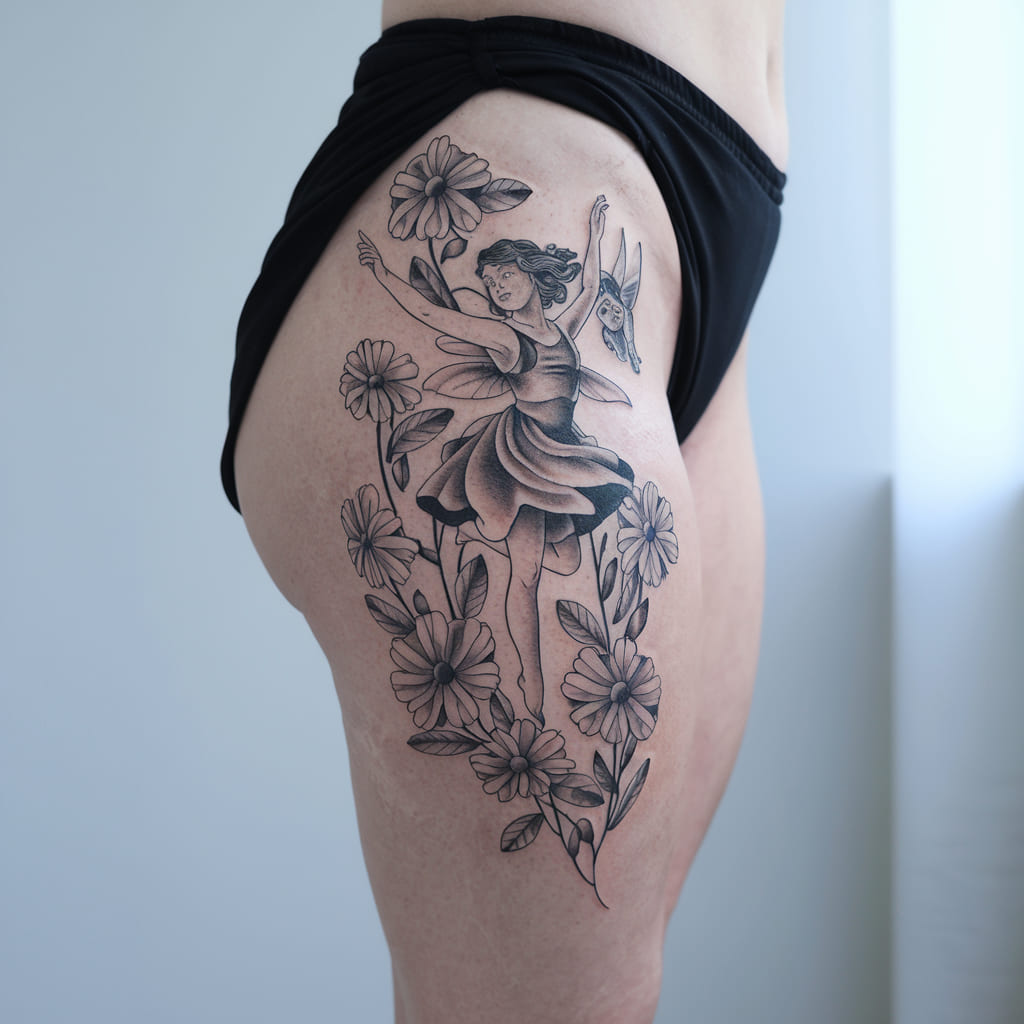 Fairy Dancing Among Flowers Tattoo