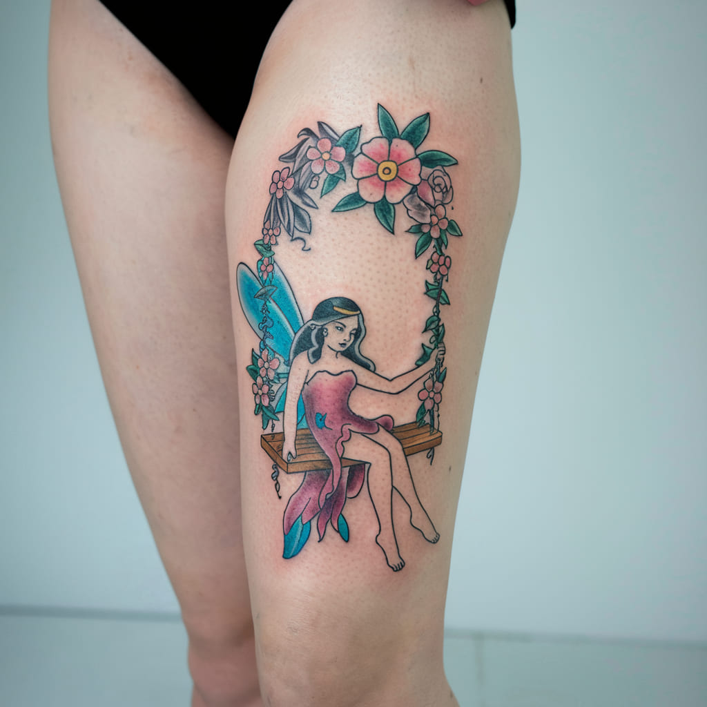 Fairy in a Floral Swing Tattoo