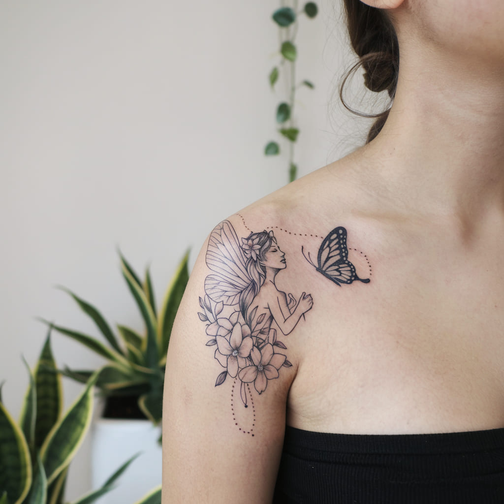 Fairy with Butterfly and Flowers Tattoo