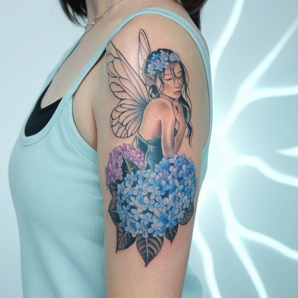 Fairy with Hydrangeas Tattoo