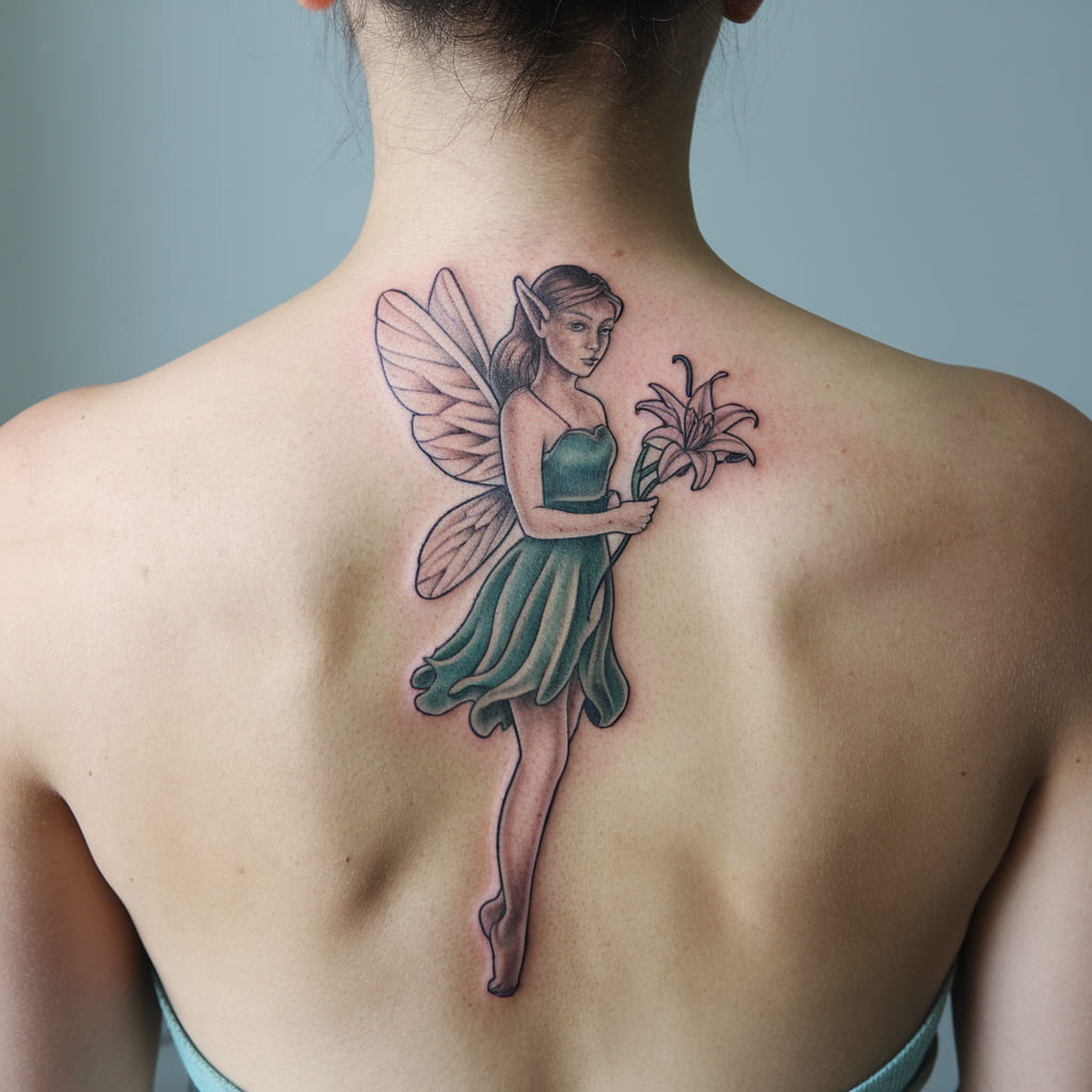 Fairy with Lily Flowers Tattoo