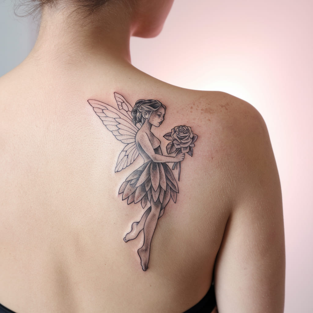 Fairy with Rose Bouquet Tattoo