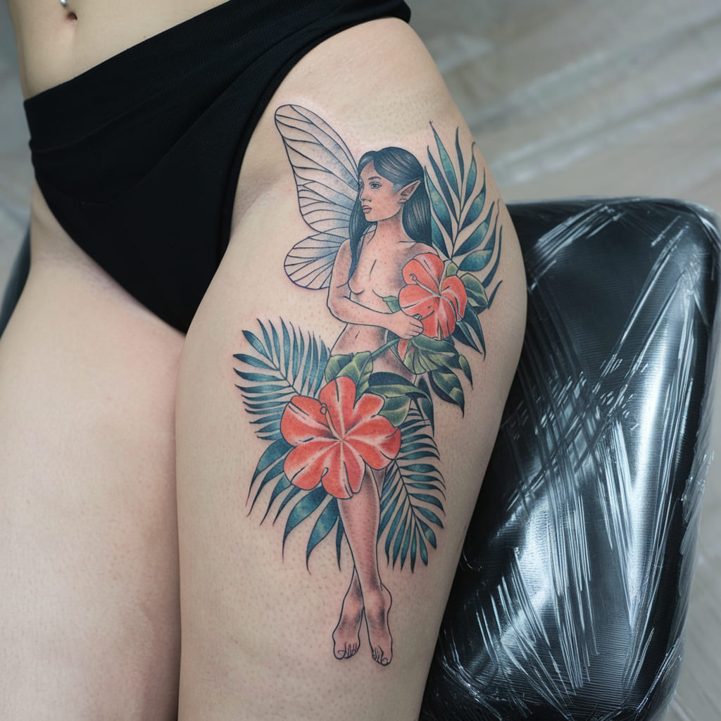 Fairy with Tropical Flowers Tattoo