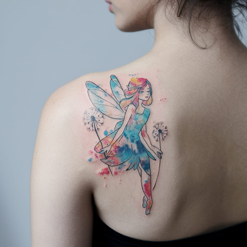 Watercolor Fairy with Dandelions Tattoo