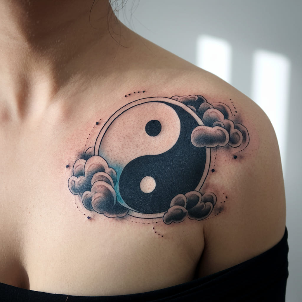 Yin Yang with Digital Clouds Tattoo